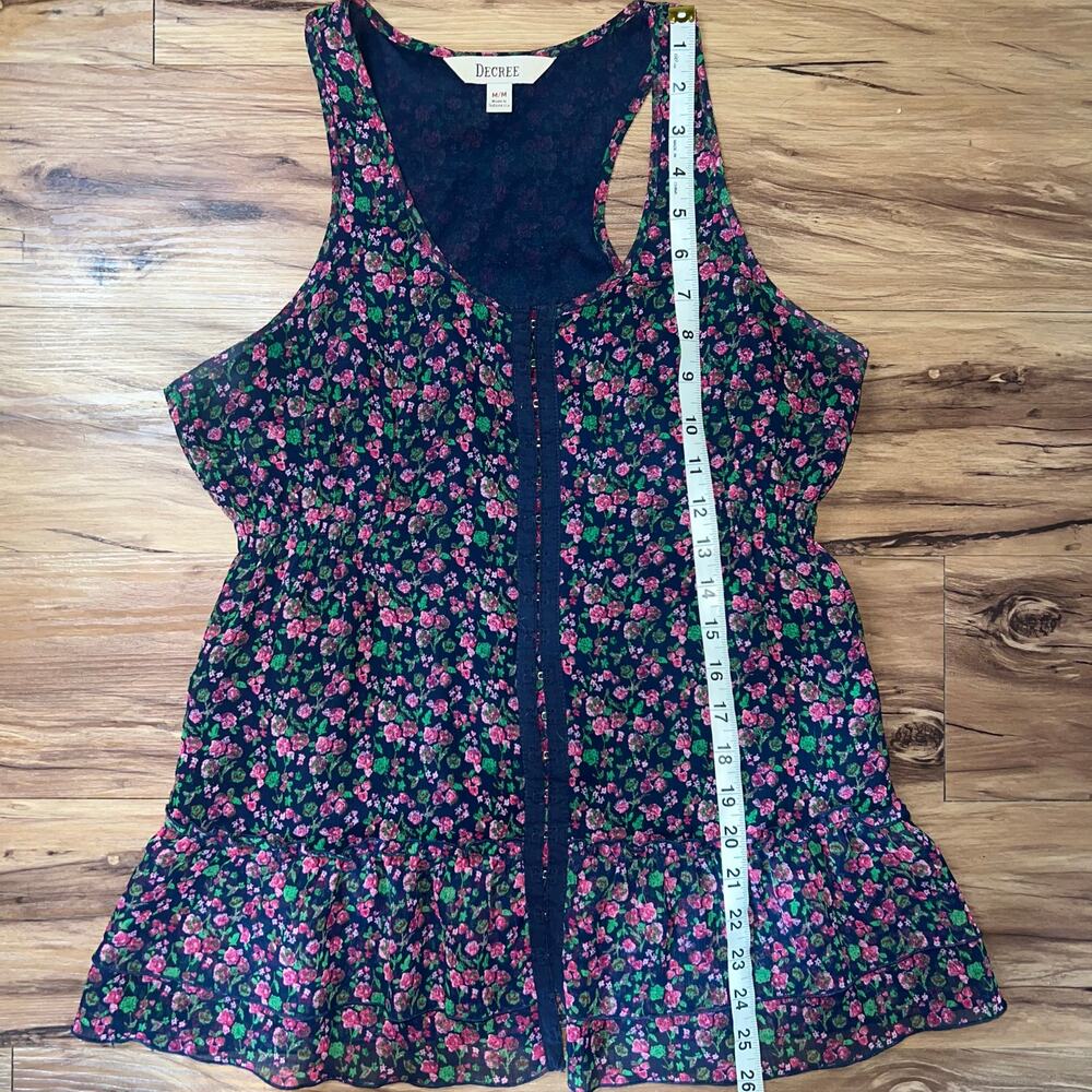 Decree Sleeveless Scoopneck  Lightweight Blue Pink Floral Ruffled Lace Tank Med - Picture 5 of 7